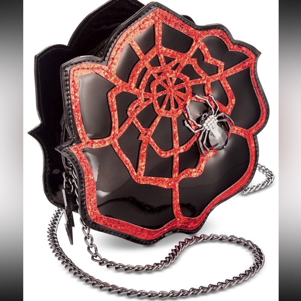 Betsey Johnson Black Red Sparkly Rose Web Spider Designer Patent Mini Crossbody
